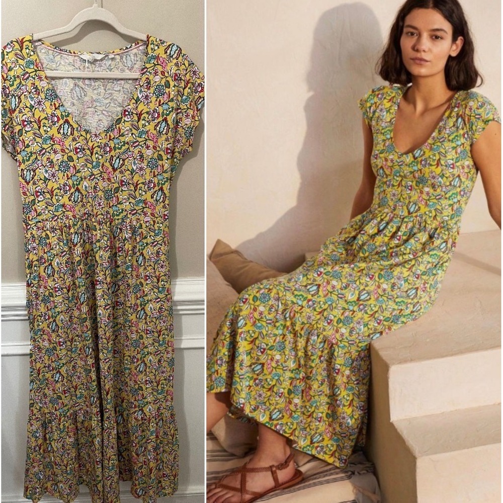 Boden Voop Yellow Floral Paisley Cotton Slub Jersey Midi Dress Size 8L US